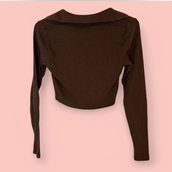 Zara Brown Collar Longsleeve Top Cropped - Picture 2 of 3
